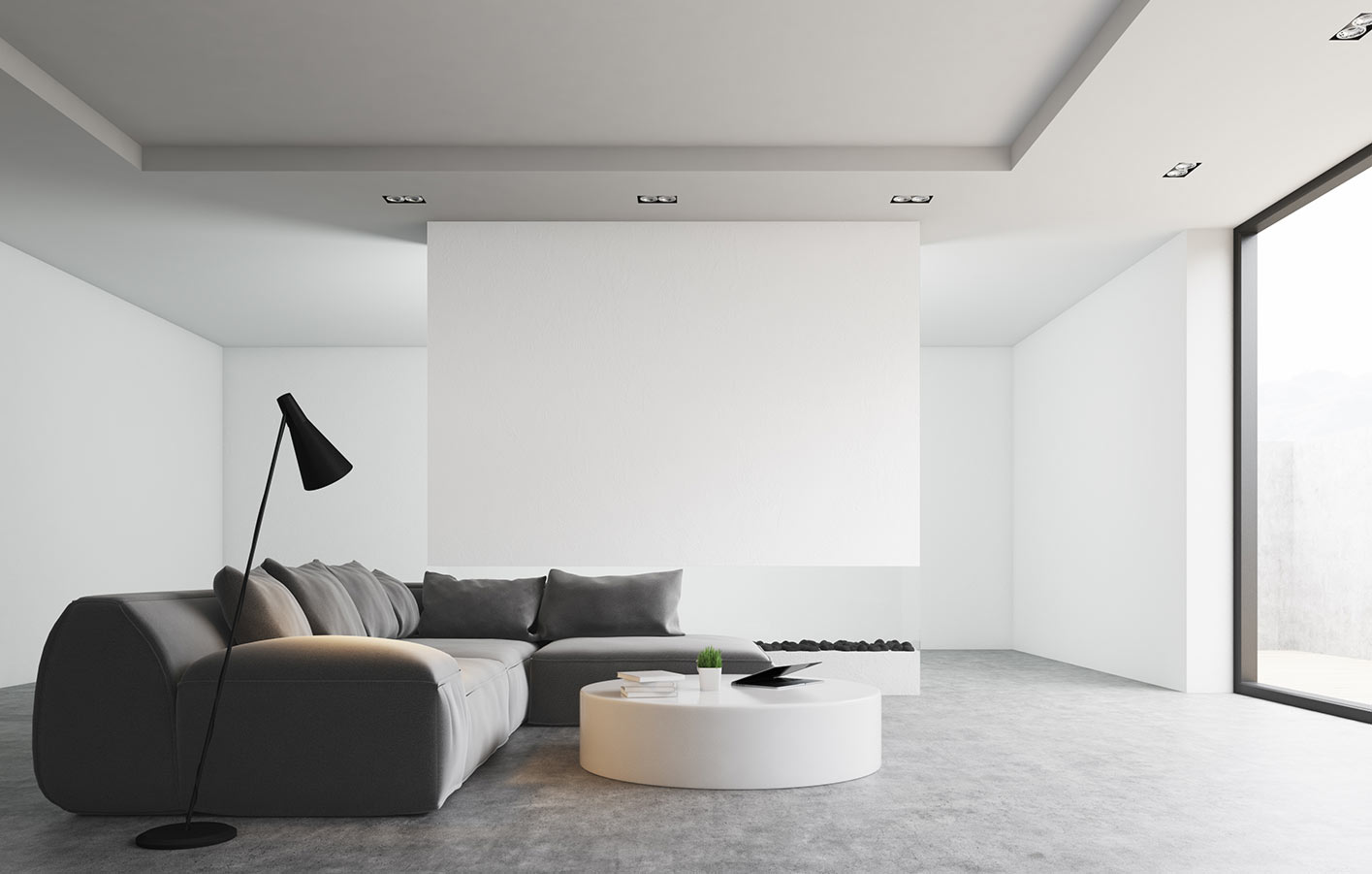 Wohnen 2025 – Minimalistisches Wohnzimmer mit grauem Boden Wohnzimmer mit grauem Boden und minimalistischer Einrichtung, Wohnen 2025